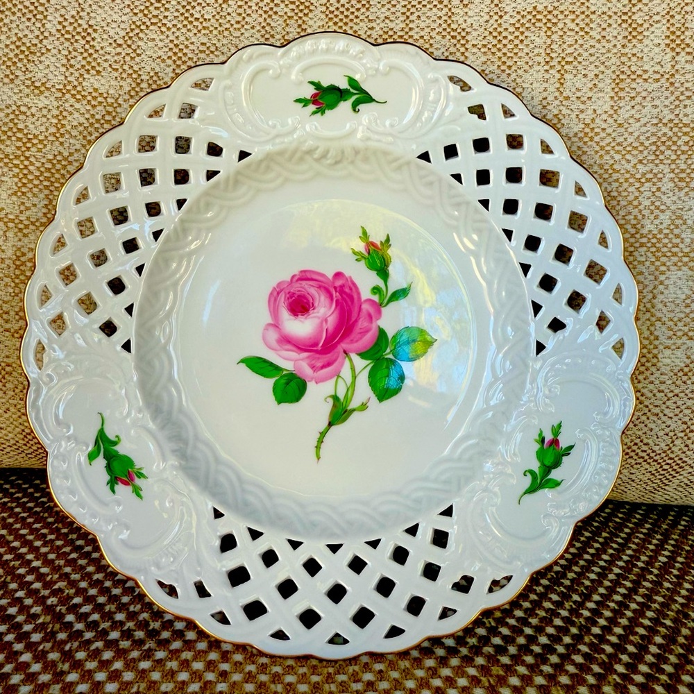 Antique Meissen 19th century Pink Rose Reticulated Plate 7.25”